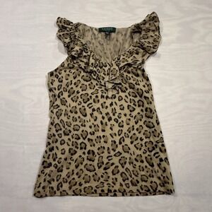 Lauren Ralph Lauren Sleeveless Tank Blouse Shirt PS/P Petite Leopard Ruffles V